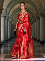 Classic red satin crepe silk zari border saree