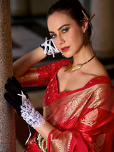 Classic red satin crepe silk zari border saree