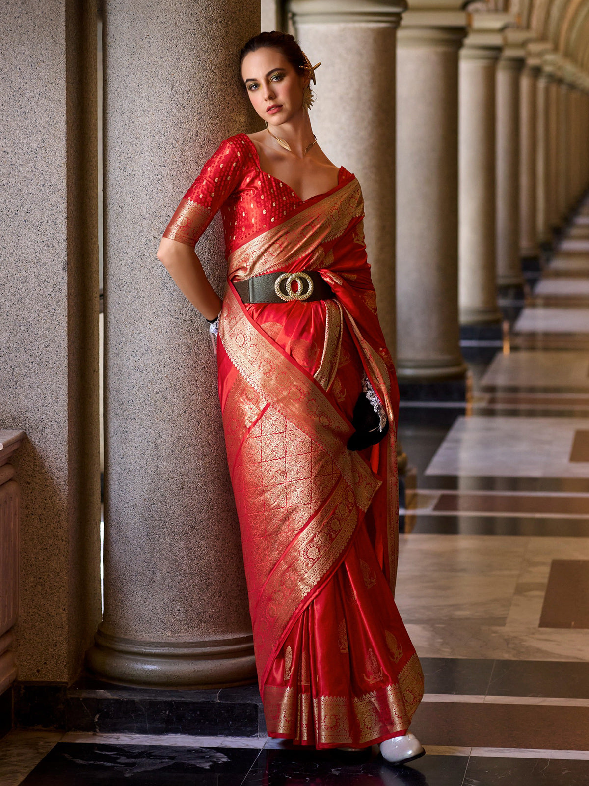 Classic red satin crepe silk zari border saree