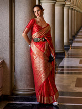 Classic red satin crepe silk zari border saree