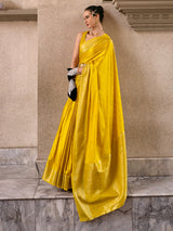 Bright yellow satin crepe silk festive zari saree