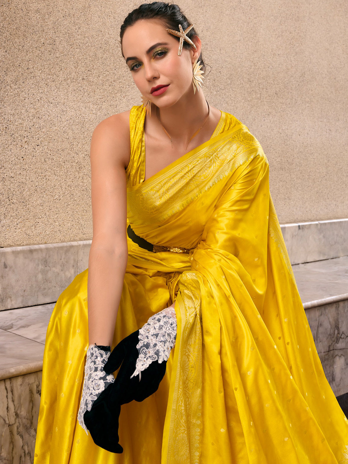 Bright yellow satin crepe silk festive zari saree