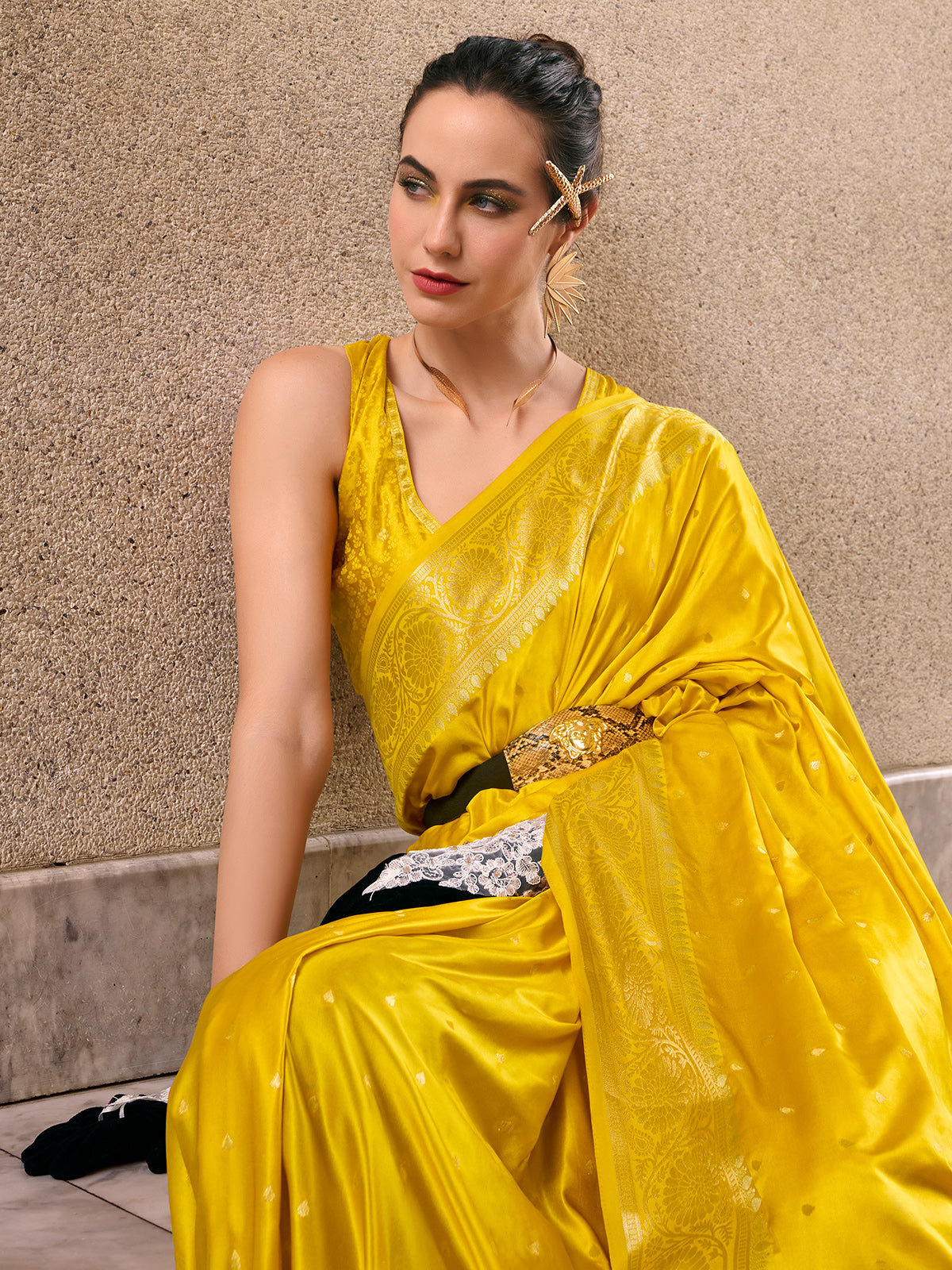 Bright yellow satin crepe silk festive zari saree
