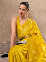 Bright yellow satin crepe silk festive zari saree