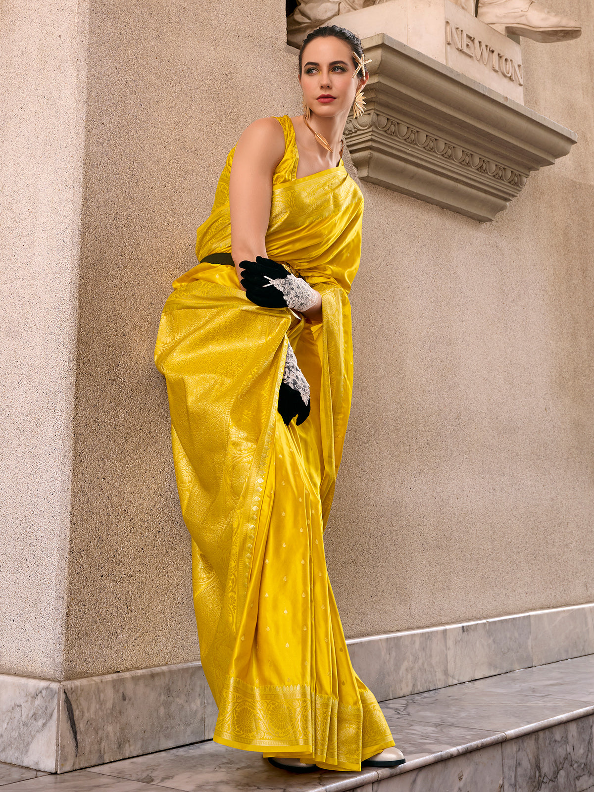 Bright yellow satin crepe silk festive zari saree
