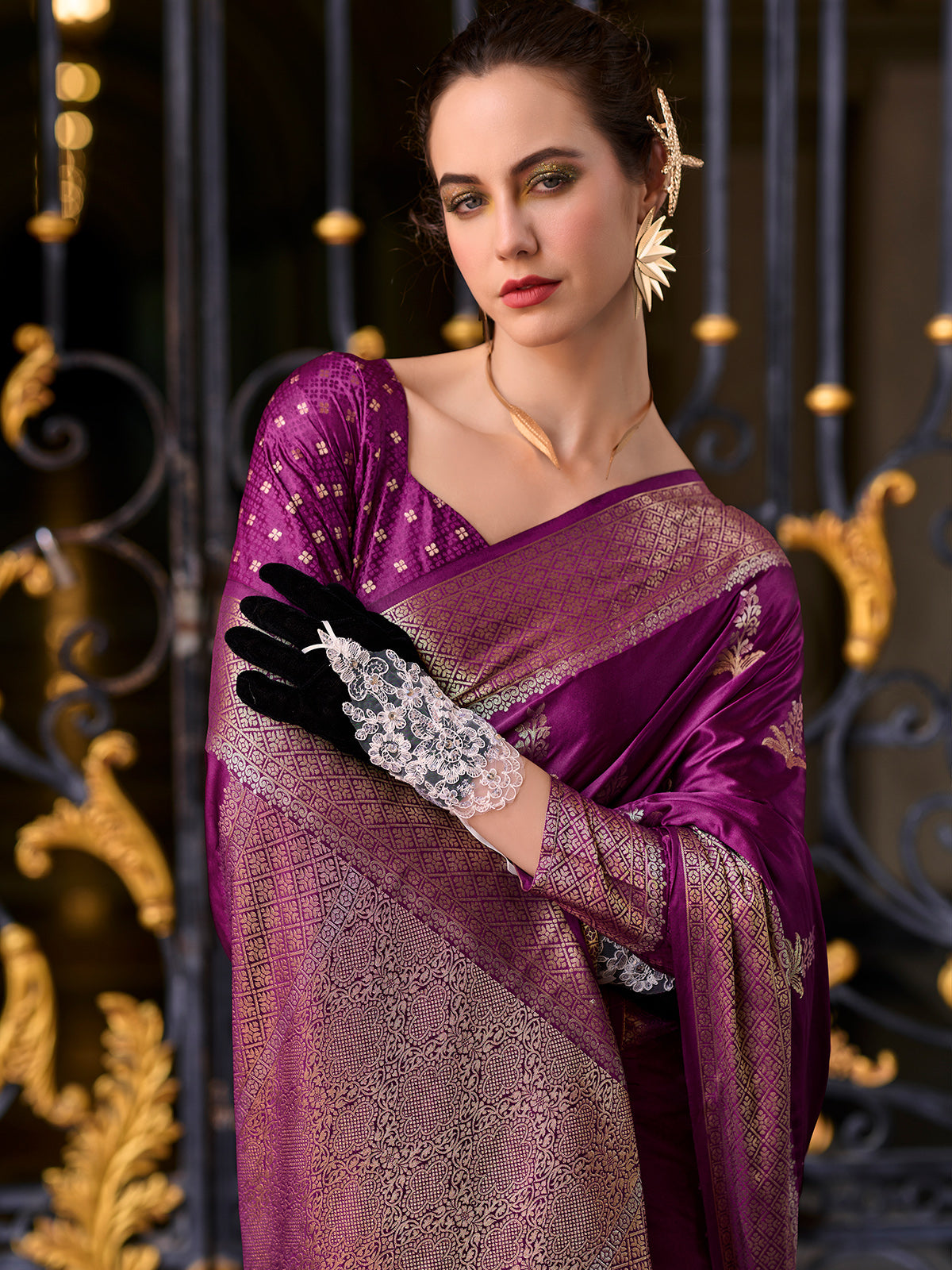Deep purple satin crepe silk traditional zari saree