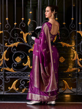 Deep purple satin crepe silk traditional zari saree