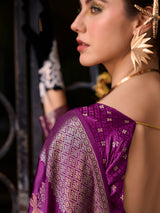 Deep purple satin crepe silk traditional zari saree