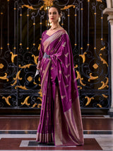 Deep purple satin crepe silk traditional zari saree