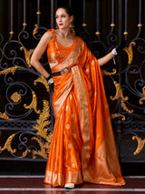 Vibrant orange satin crepe silk festive wear saree