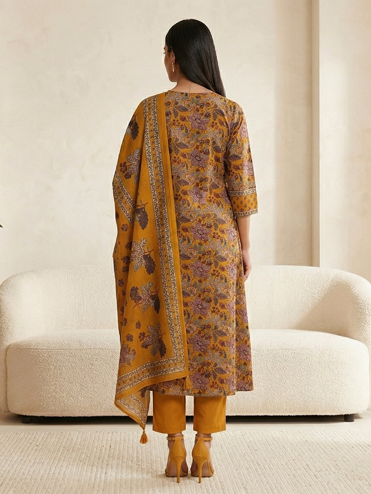 Mustard yellow silk printed casual festive kurti set