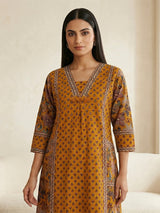 Mustard yellow silk printed casual festive kurti set