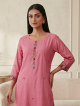 Pink silk straight cut festive kurti set with dupatta