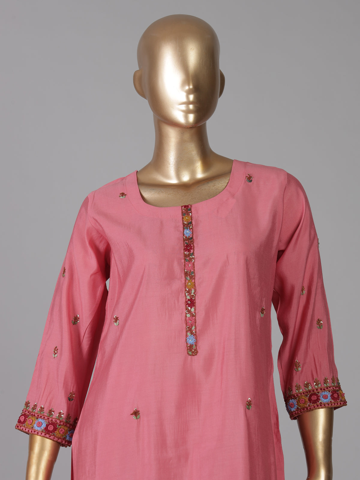 Pink silk straight cut festive kurti set with dupatta