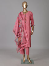 Pink silk straight cut festive kurti set with dupatta