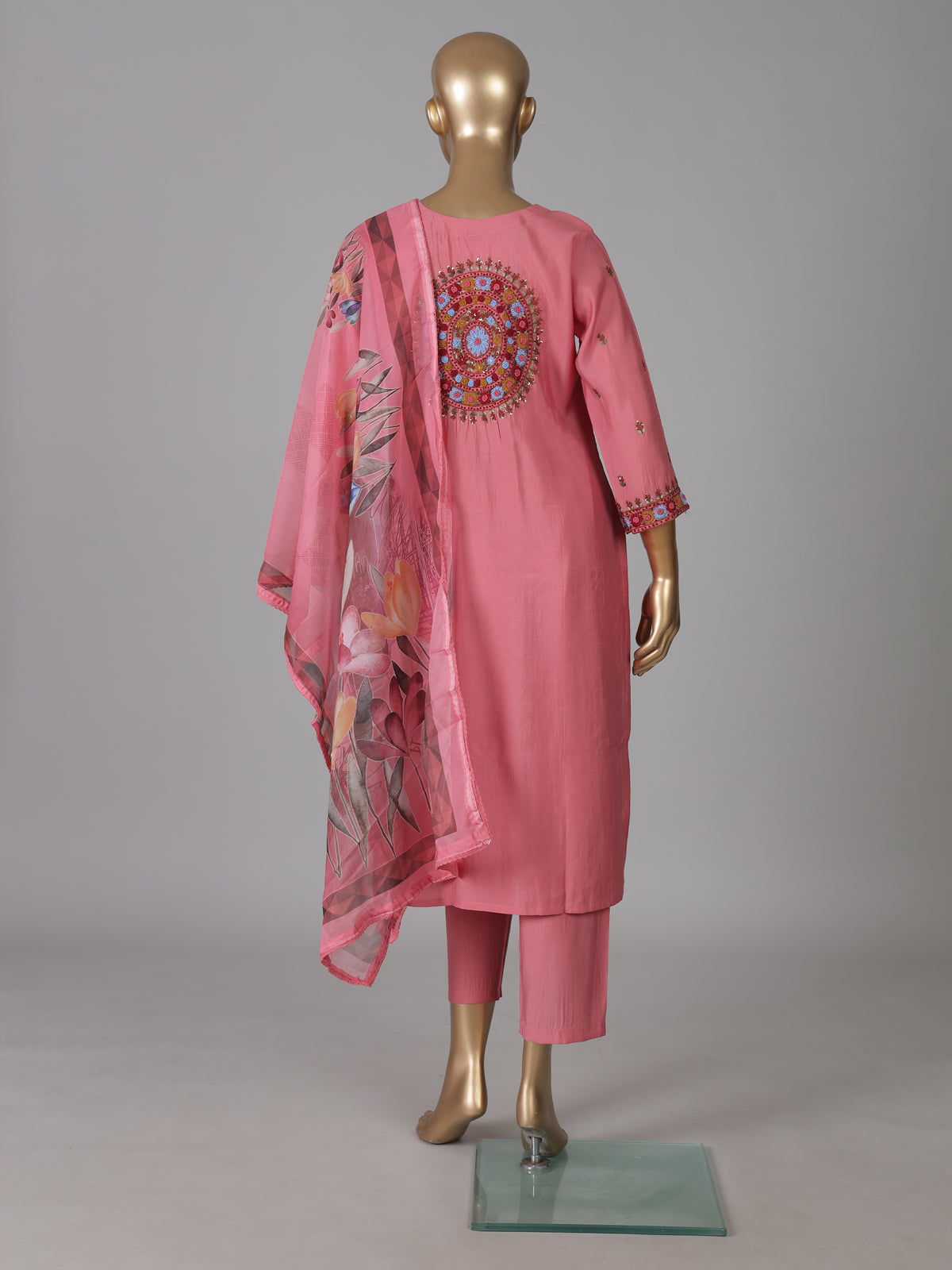 Pink silk straight cut festive kurti set with dupatta