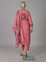 Pink silk straight cut festive kurti set with dupatta