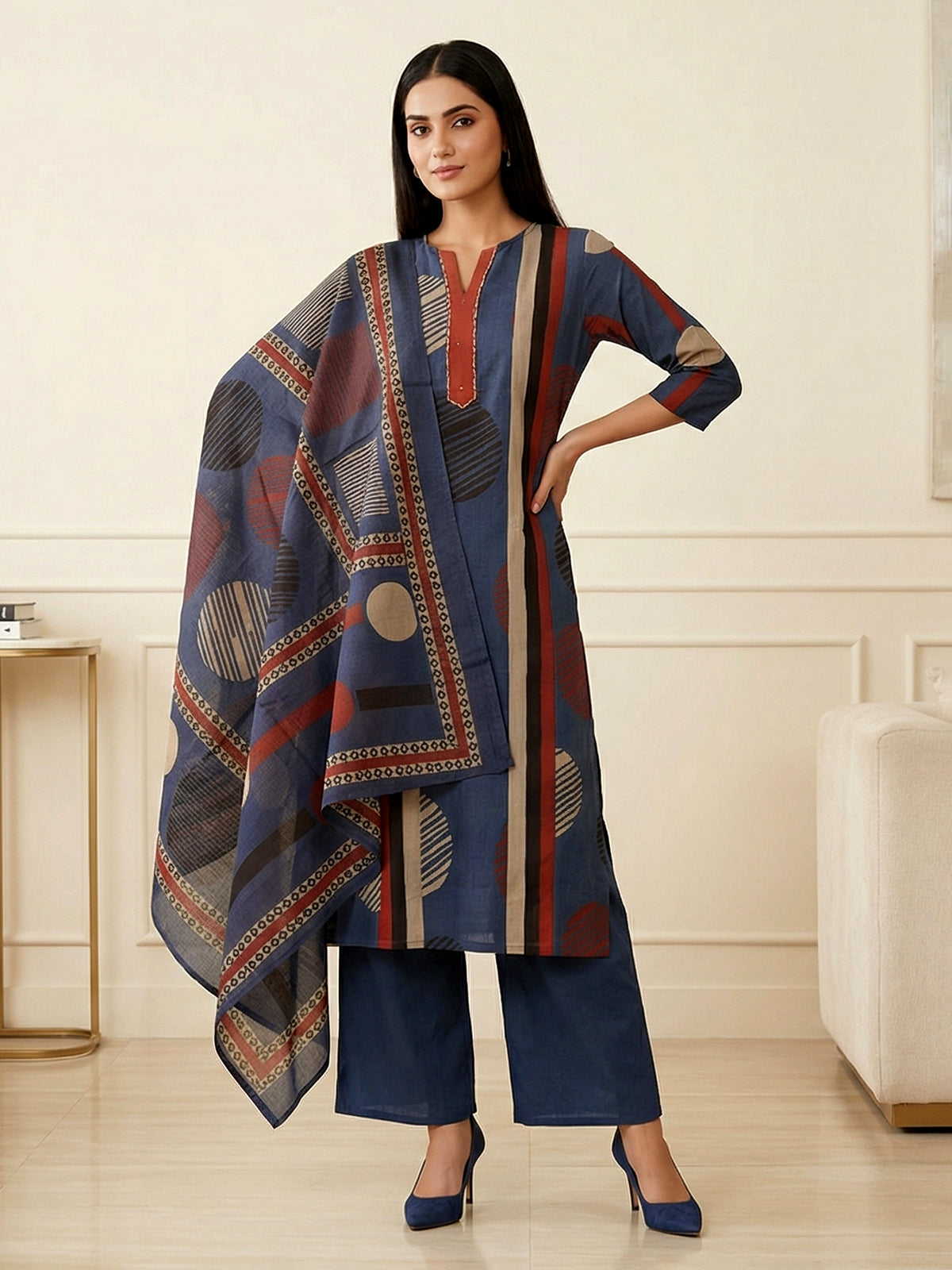 Navy blue cotton silk printed festive kurti set with dupatta