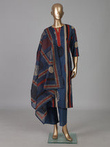 Navy blue cotton silk printed festive kurti set with dupatta