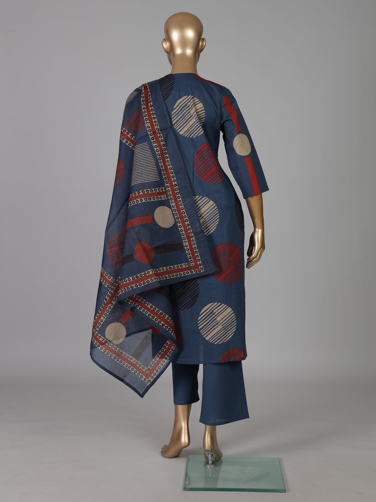Navy blue cotton silk printed festive kurti set with dupatta