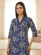 Navy cotton silk floral printed casual festive kurti set