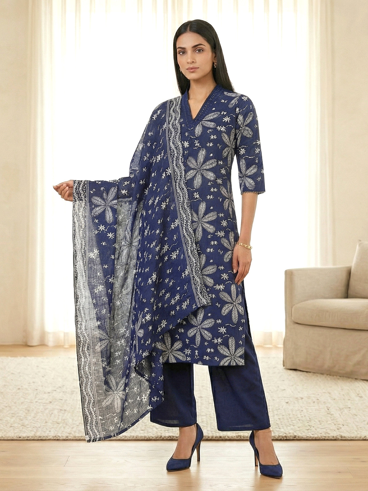 Navy cotton silk floral printed casual festive kurti set