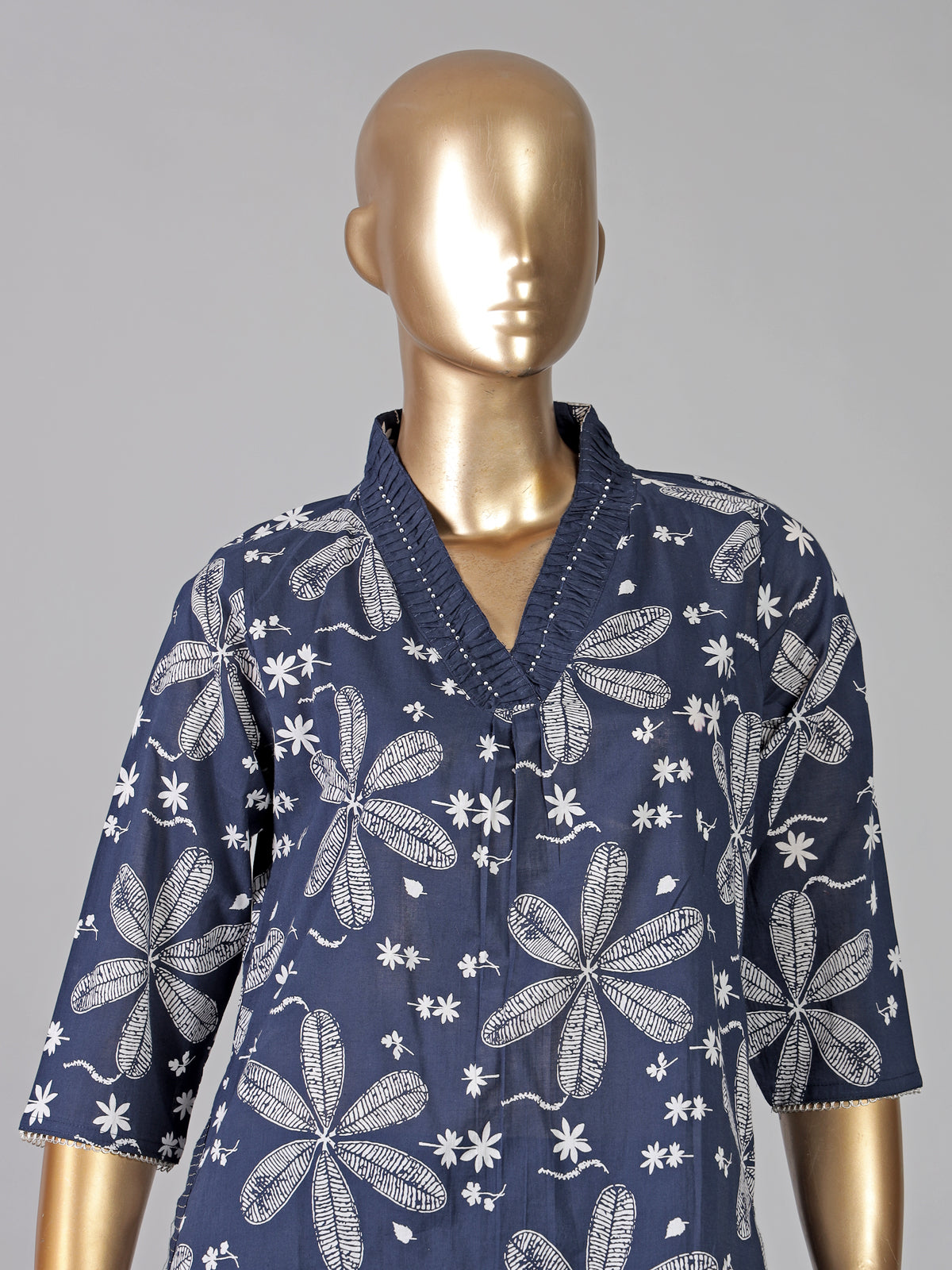 Navy cotton silk floral printed casual festive kurti set