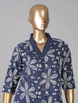Navy cotton silk floral printed casual festive kurti set