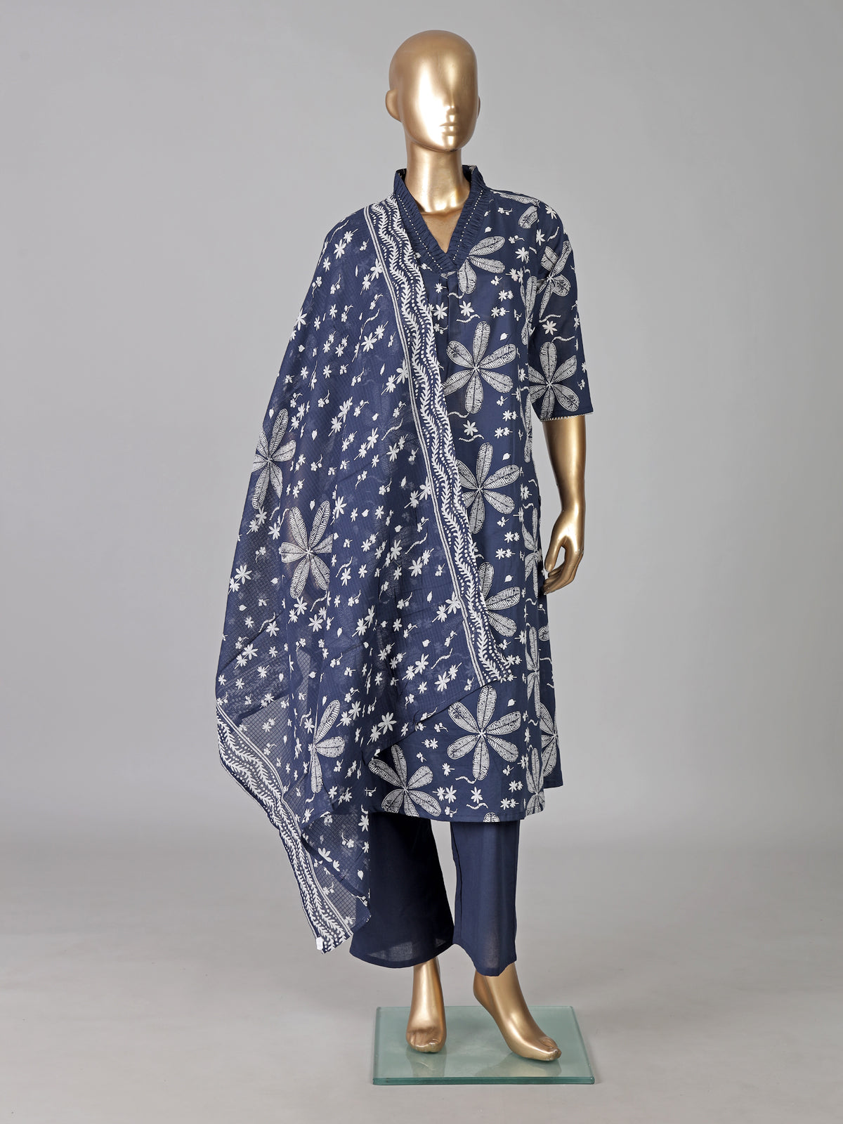 Navy cotton silk floral printed casual festive kurti set