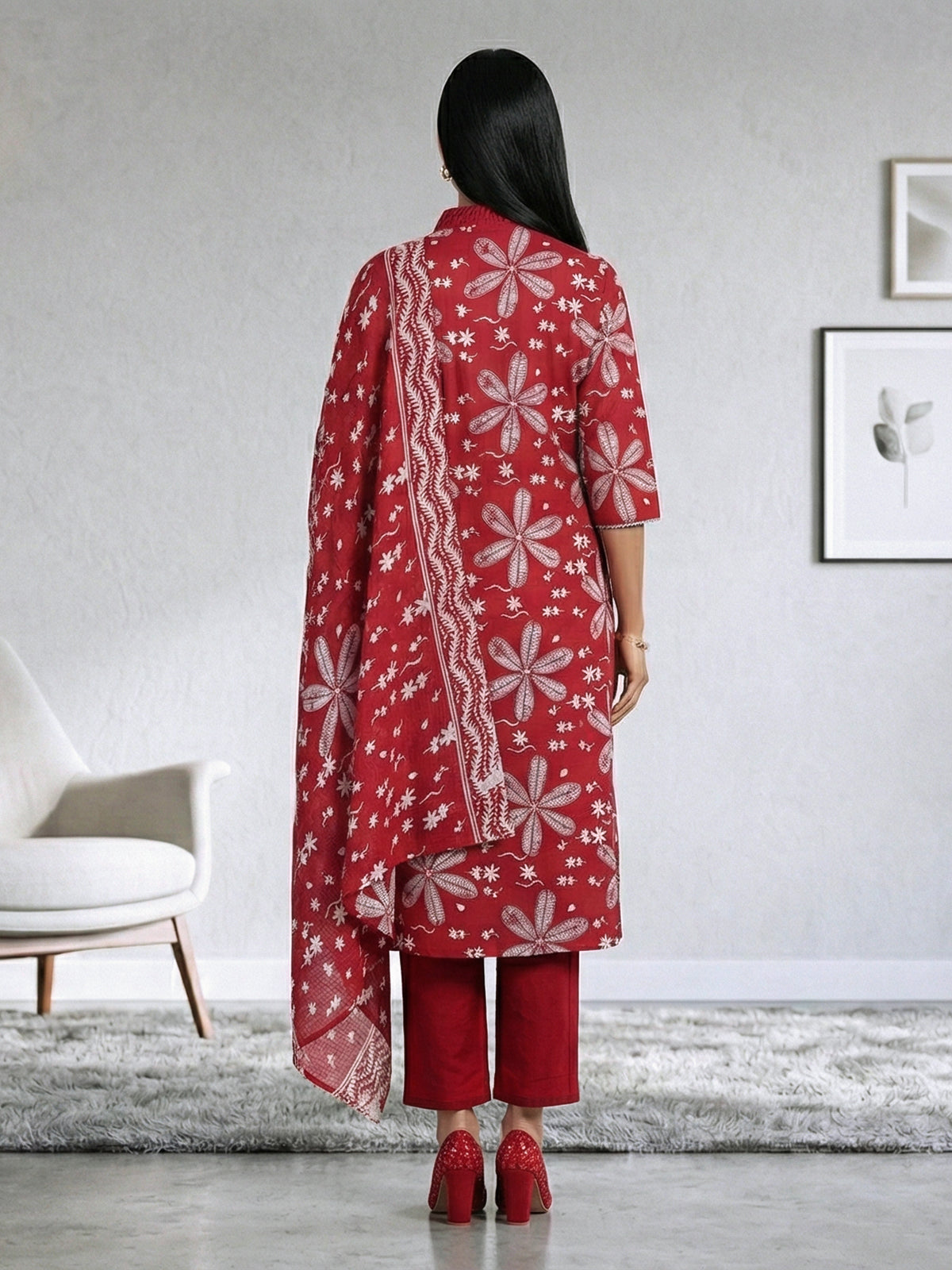 Maroon cotton silk floral printed festive kurti pant set