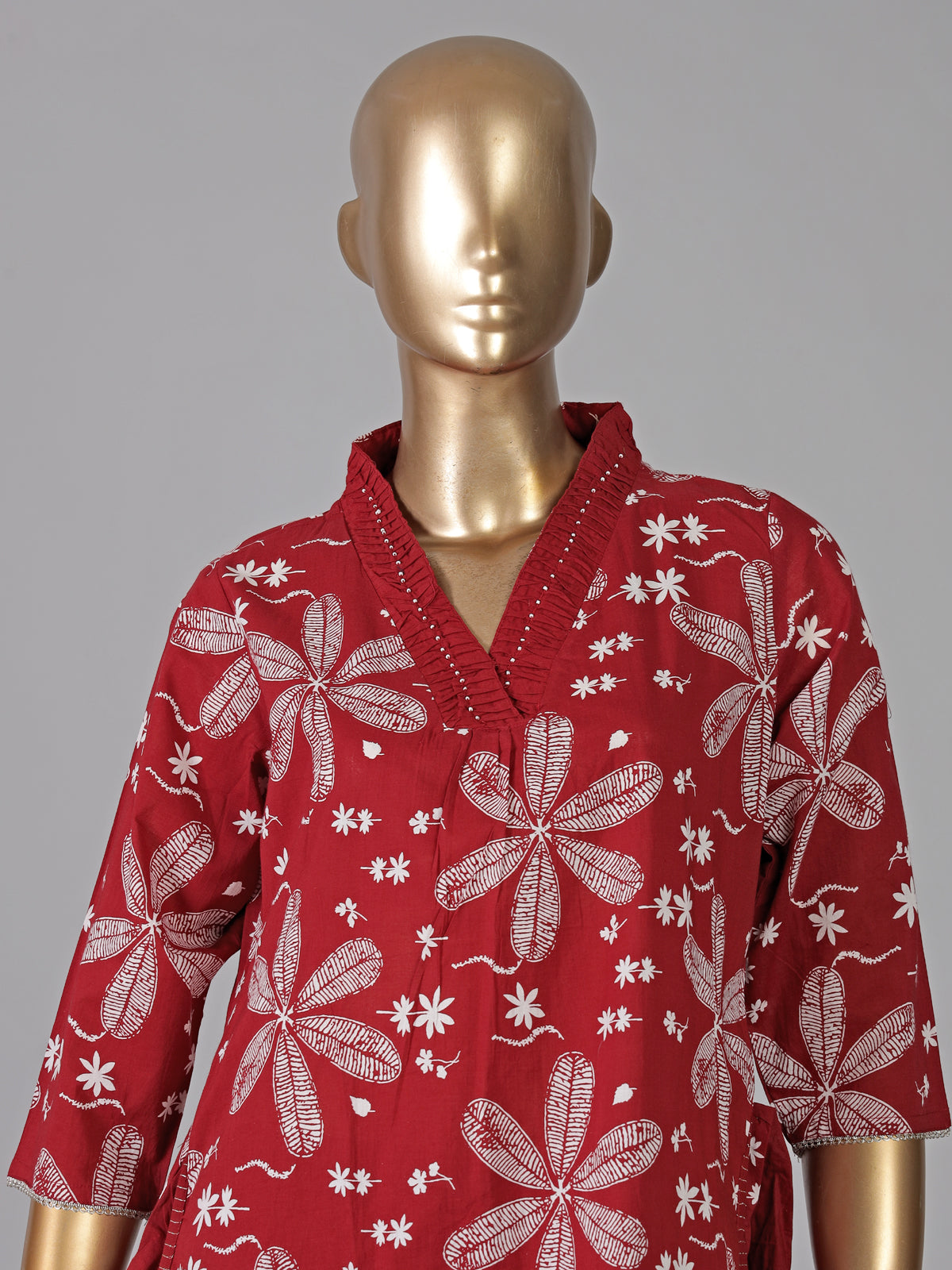 Maroon cotton silk floral printed festive kurti pant set