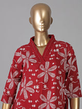 Maroon cotton silk floral printed festive kurti pant set