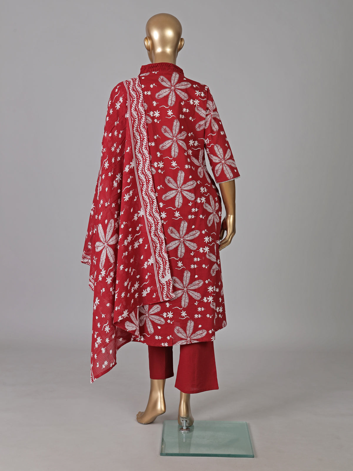 Maroon cotton silk floral printed festive kurti pant set