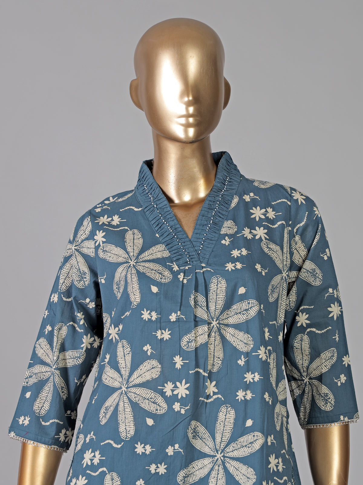 Stone grey cotton silk floral printed casual kurti set