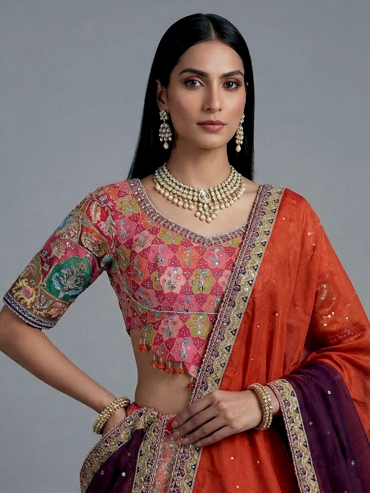 Multicolor silk motif half sleeve festive lehenga choli