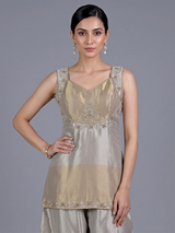 Golden silk sweetheart neck embellished festive palazzo suit