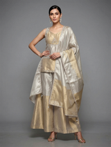 Golden silk sweetheart neck embellished festive palazzo suit