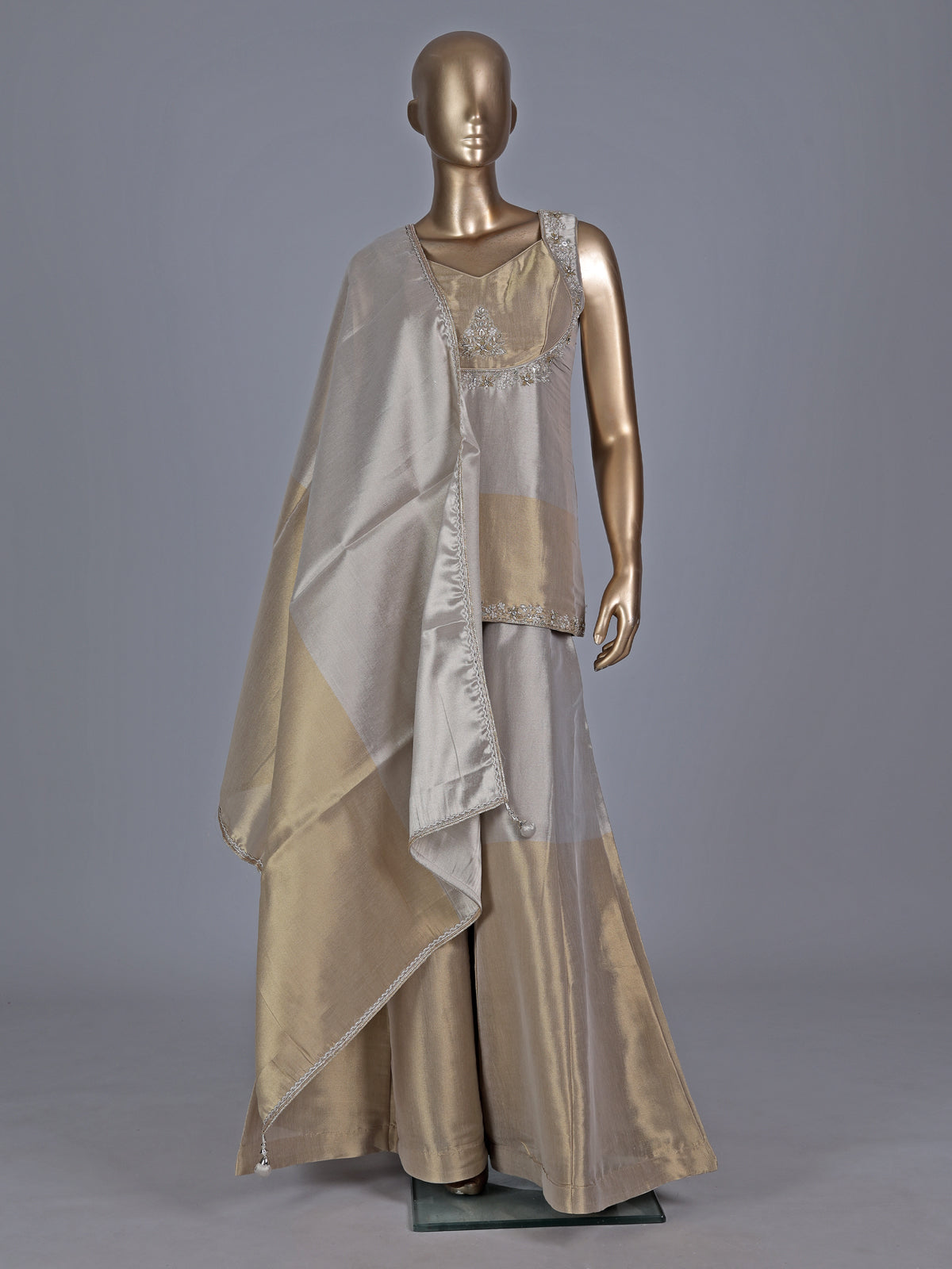Golden silk sweetheart neck embellished festive palazzo suit