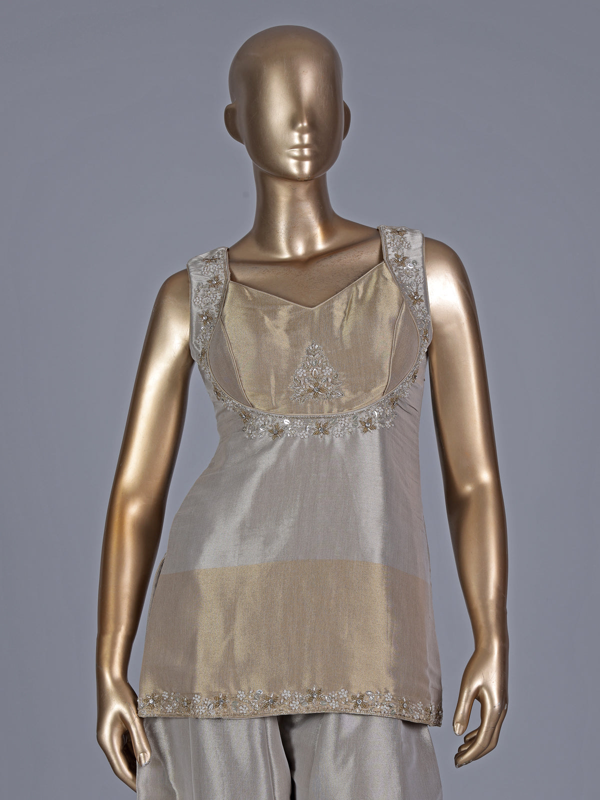 Golden silk sweetheart neck embellished festive palazzo suit