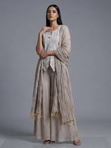 Beige chiffon silk embellished festive palazzo suit