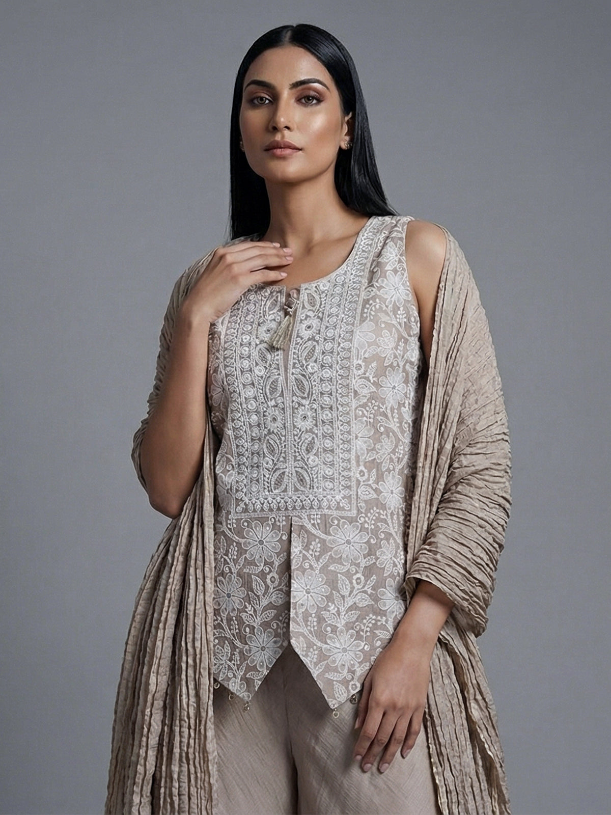 Beige chiffon silk embellished festive palazzo suit