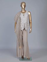 Beige chiffon silk embellished festive palazzo suit
