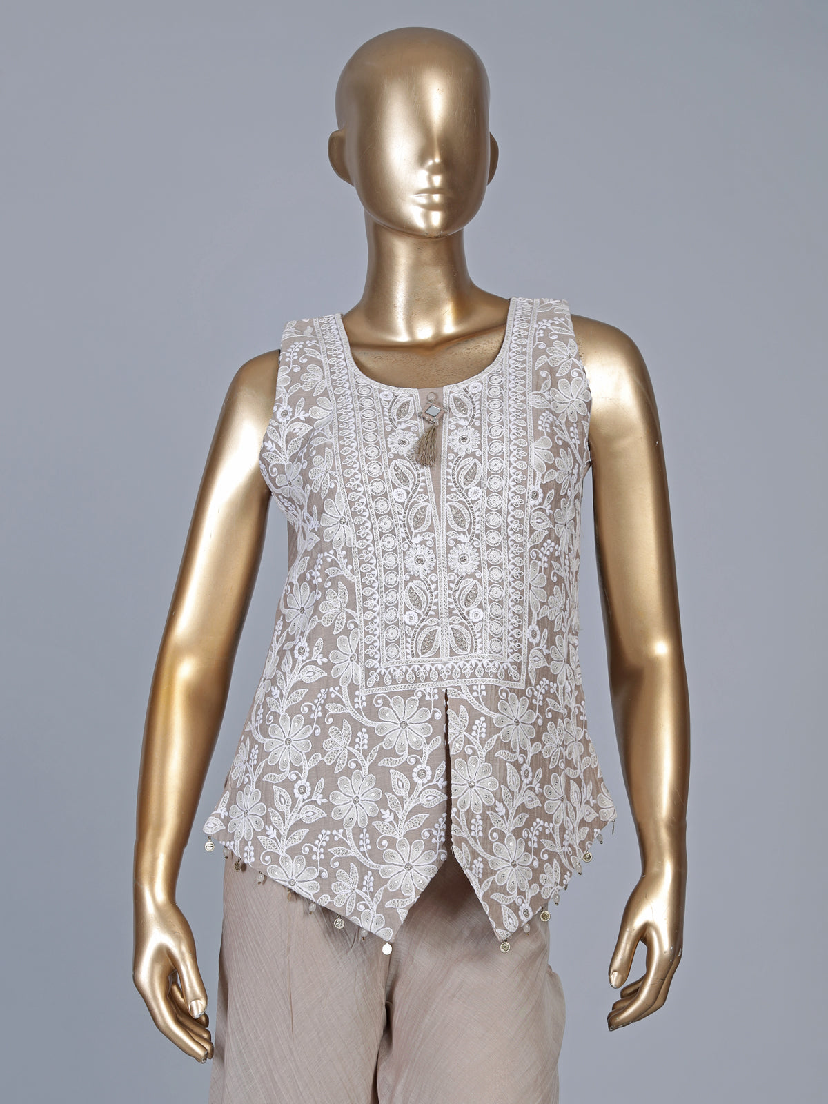 Beige chiffon silk embellished festive palazzo suit