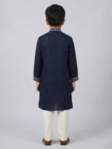 Dark navy cotton linen thread work festive kurta suit