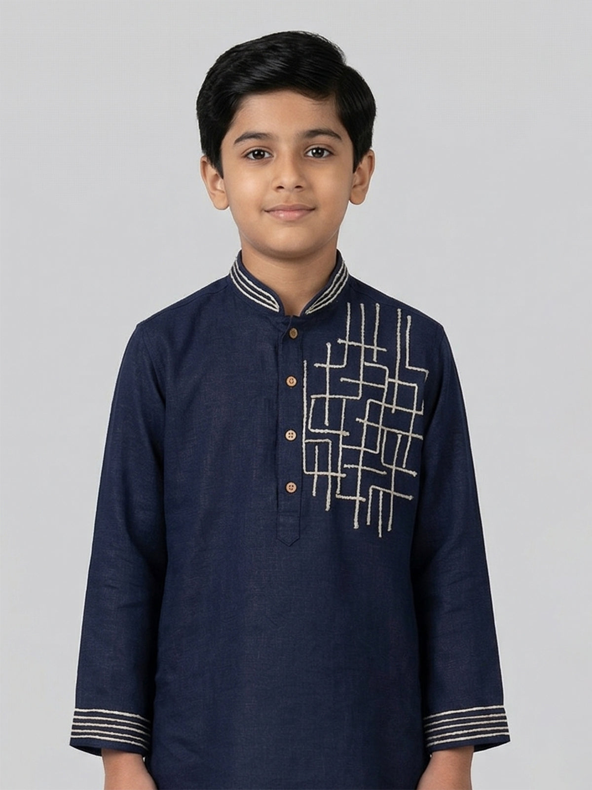 Dark navy cotton linen thread work festive kurta suit