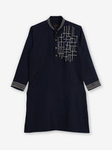 Dark navy cotton linen thread work festive kurta suit