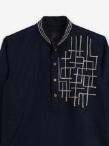 Dark navy cotton linen thread work festive kurta suit