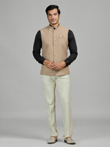 Dark beige textured jute waistcoat for men