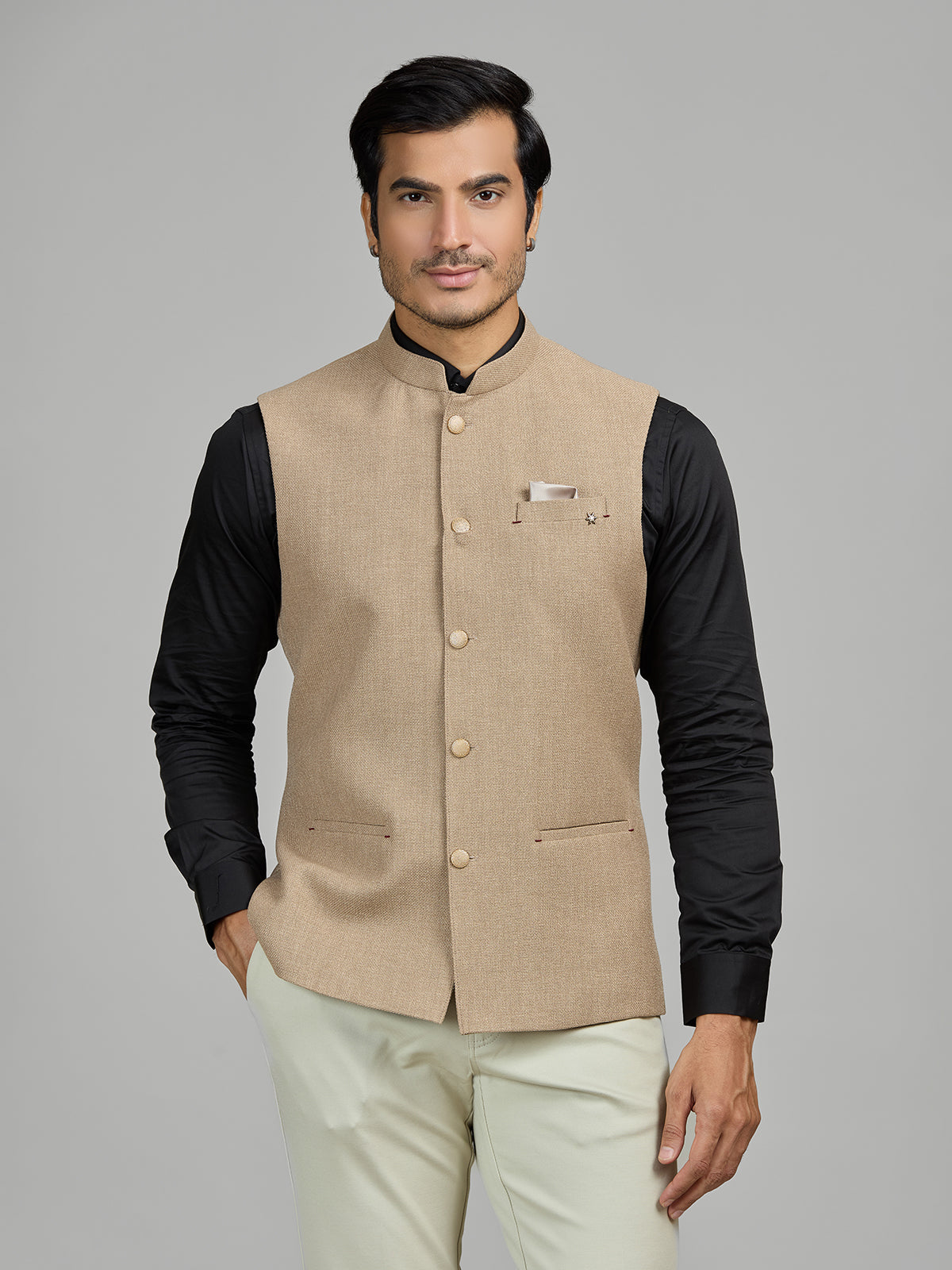 Dark beige textured jute waistcoat for men