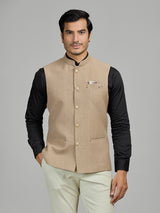 Dark beige textured jute waistcoat for men